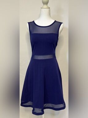 Express Navy Blue Dress - Size S - Mesh Illusion Fit Flare Skater Exposed Zipper